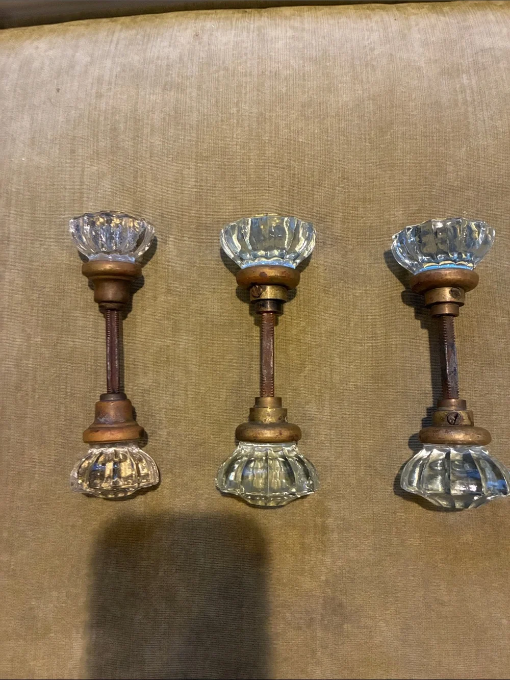Vintage Glass and Brass Door Knob Pair in Clear Glass